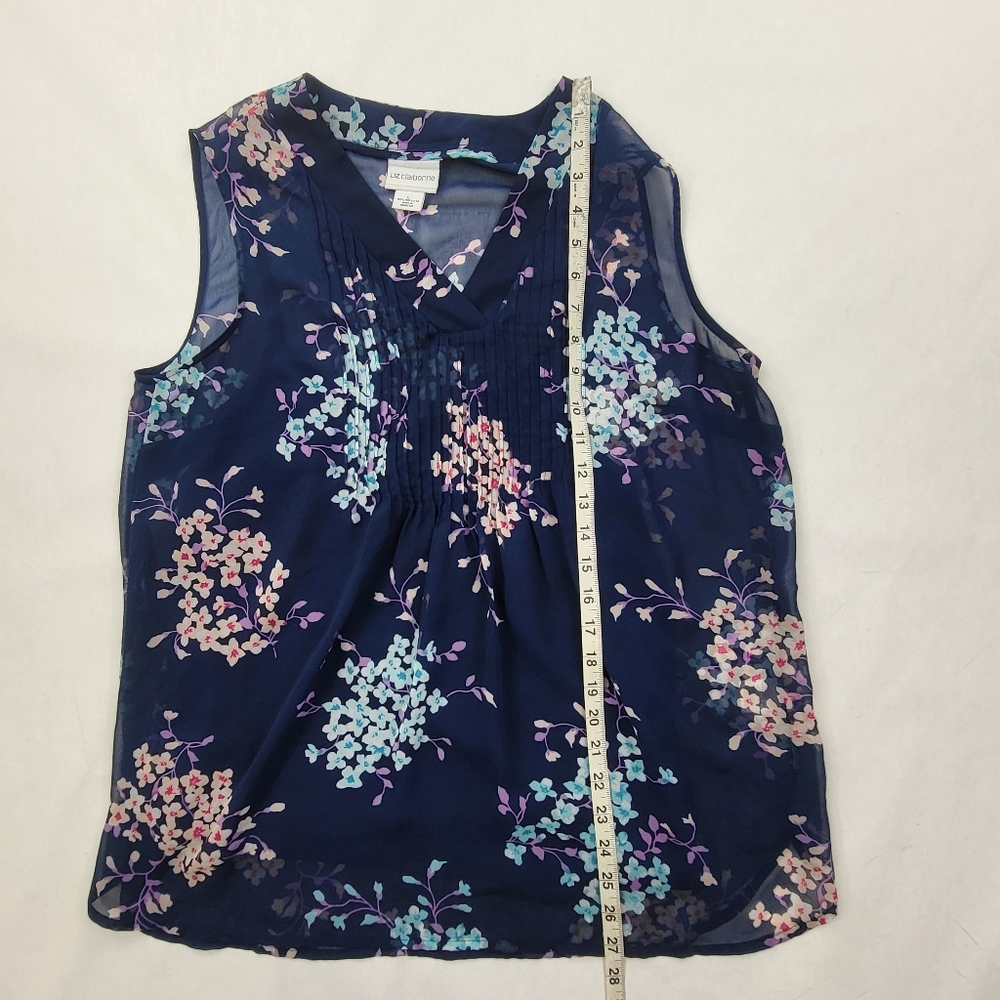 Liz Claiborne Blouse Sz Lg Blue Floral V-Neck Sleeveless Casual Sheer W/tank Top - Picture 4 of 7
